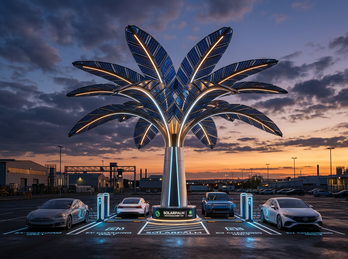 SBFC Solar Car-Charging Palm — autonomous EV charging structure