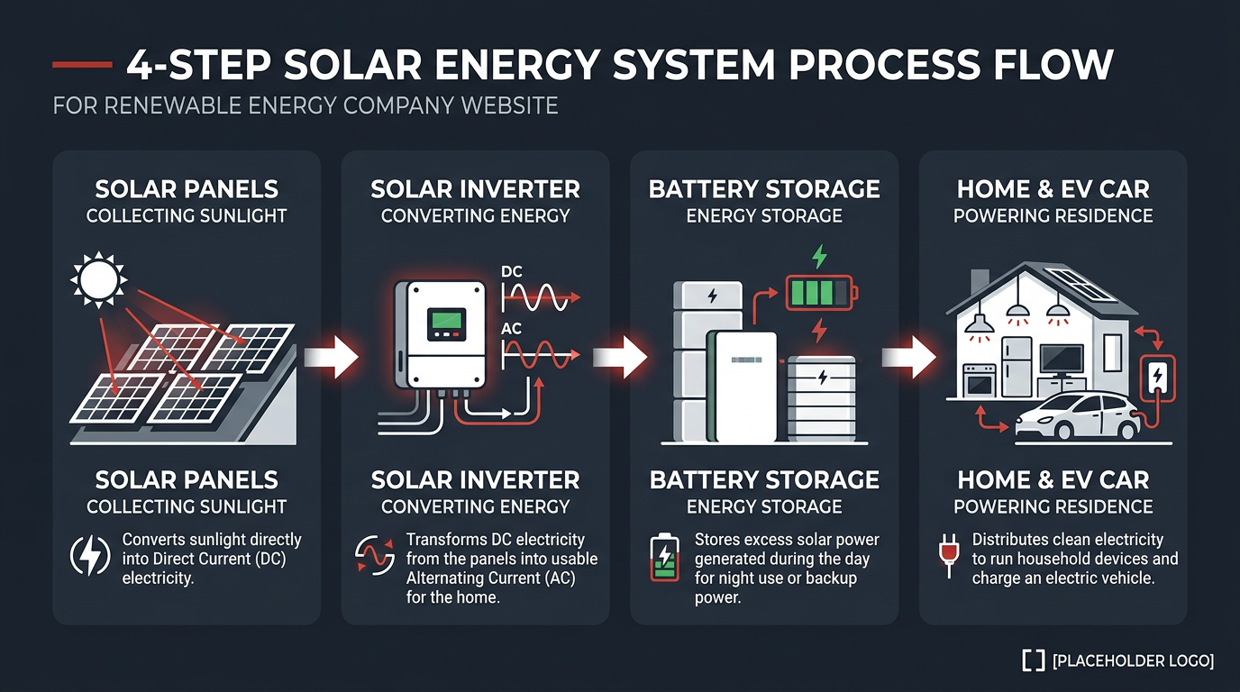 SBFC solar system components: panels, inverter, battery storage, home and EV output
